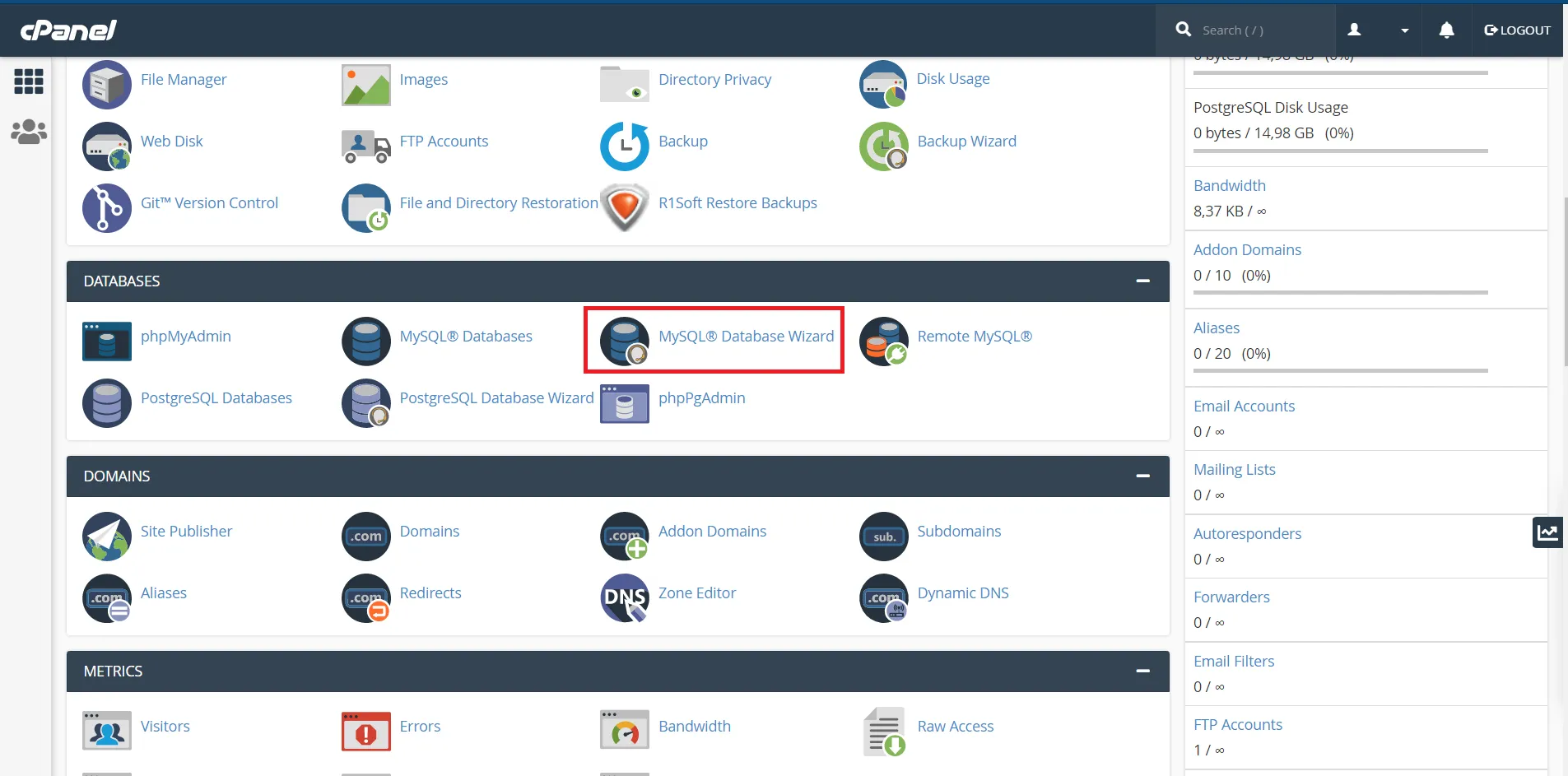cPanel dashboard - search for MySQL wizard