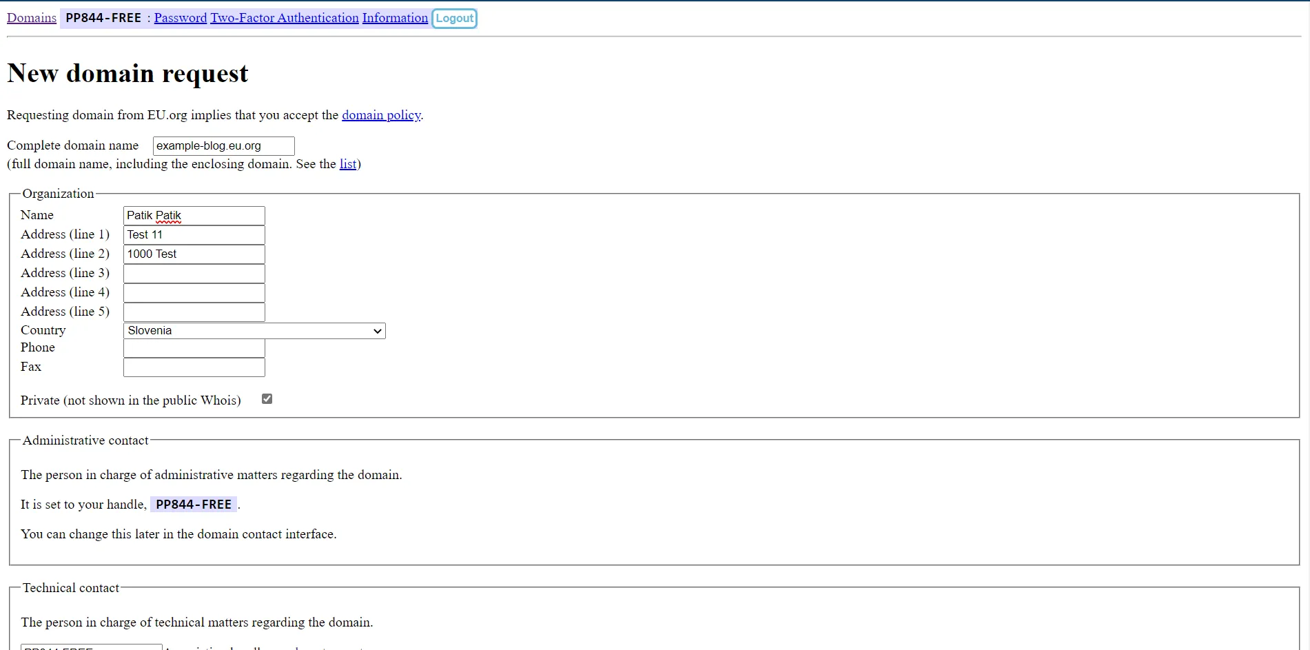 Create new domain form