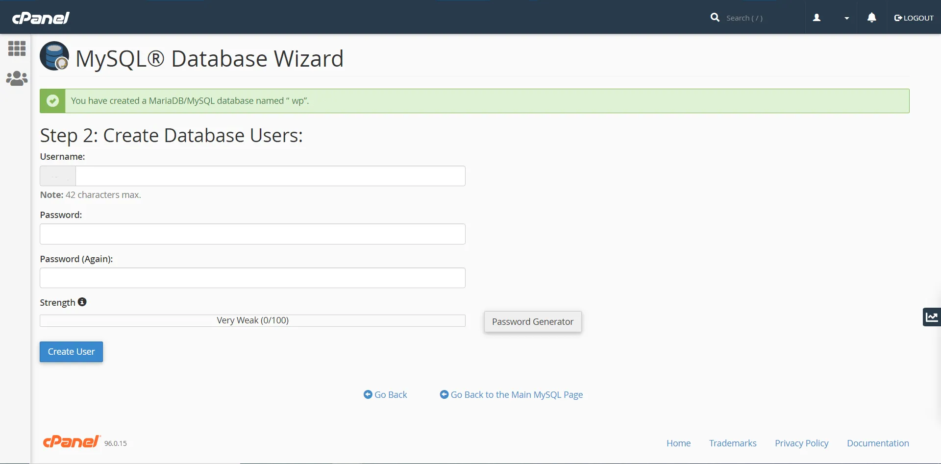cPanel - create database user account