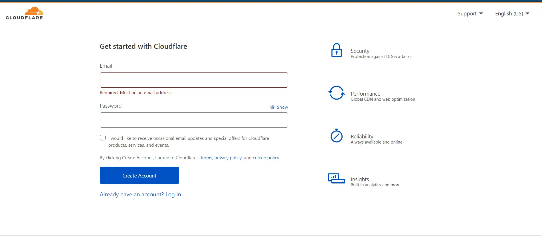 Cloudflare register page