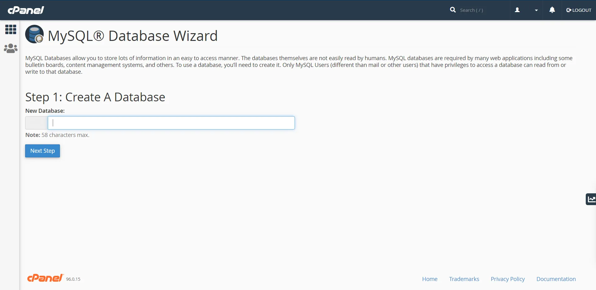 cPanel - create database