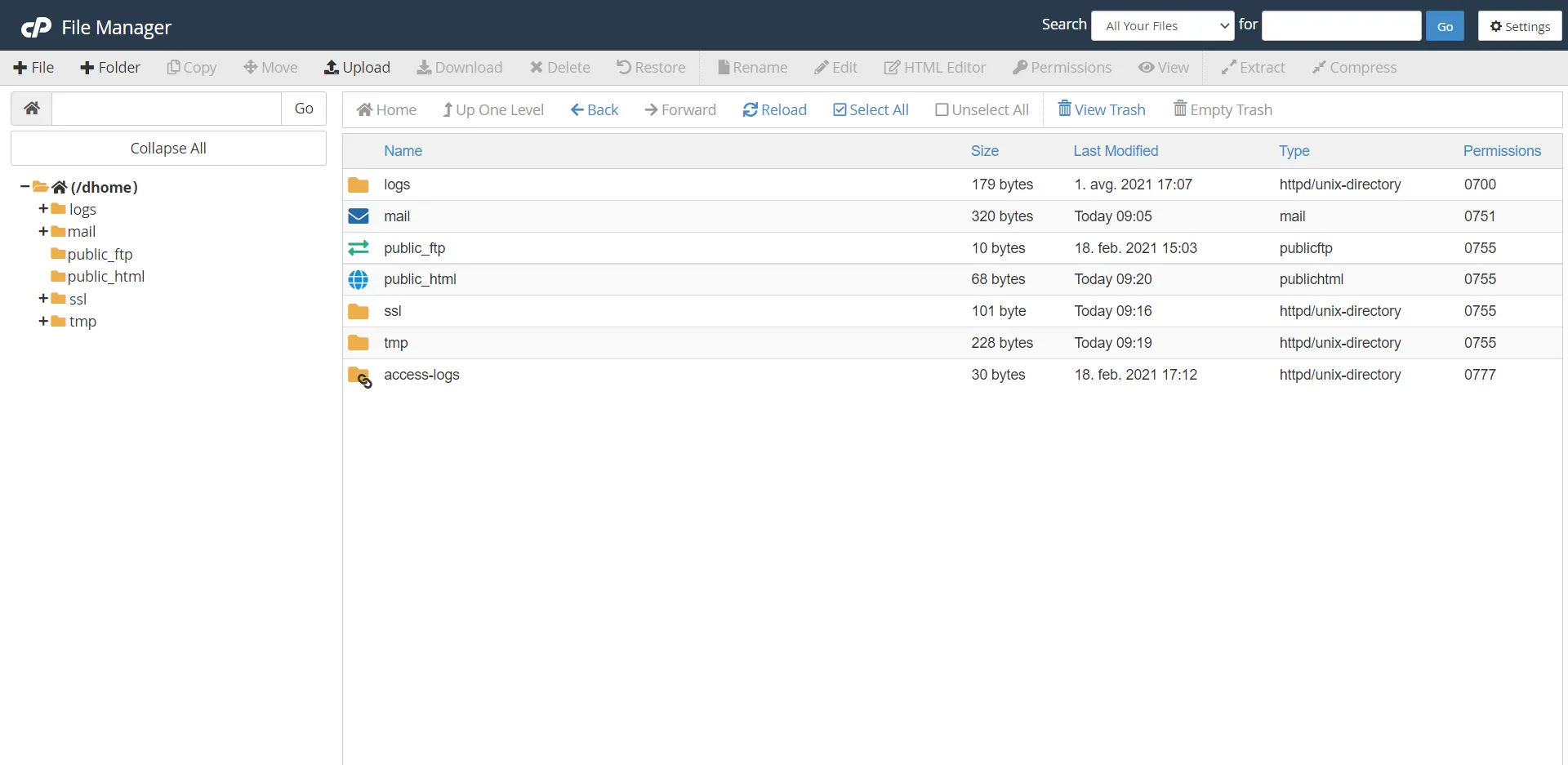 cPanel - file manager interface