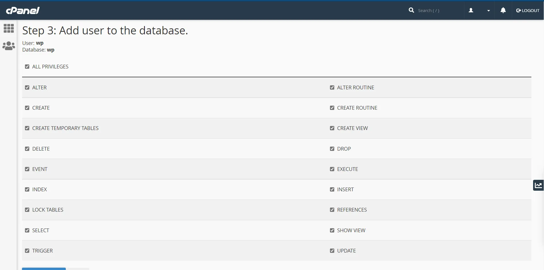 cPanel - add permissions to user