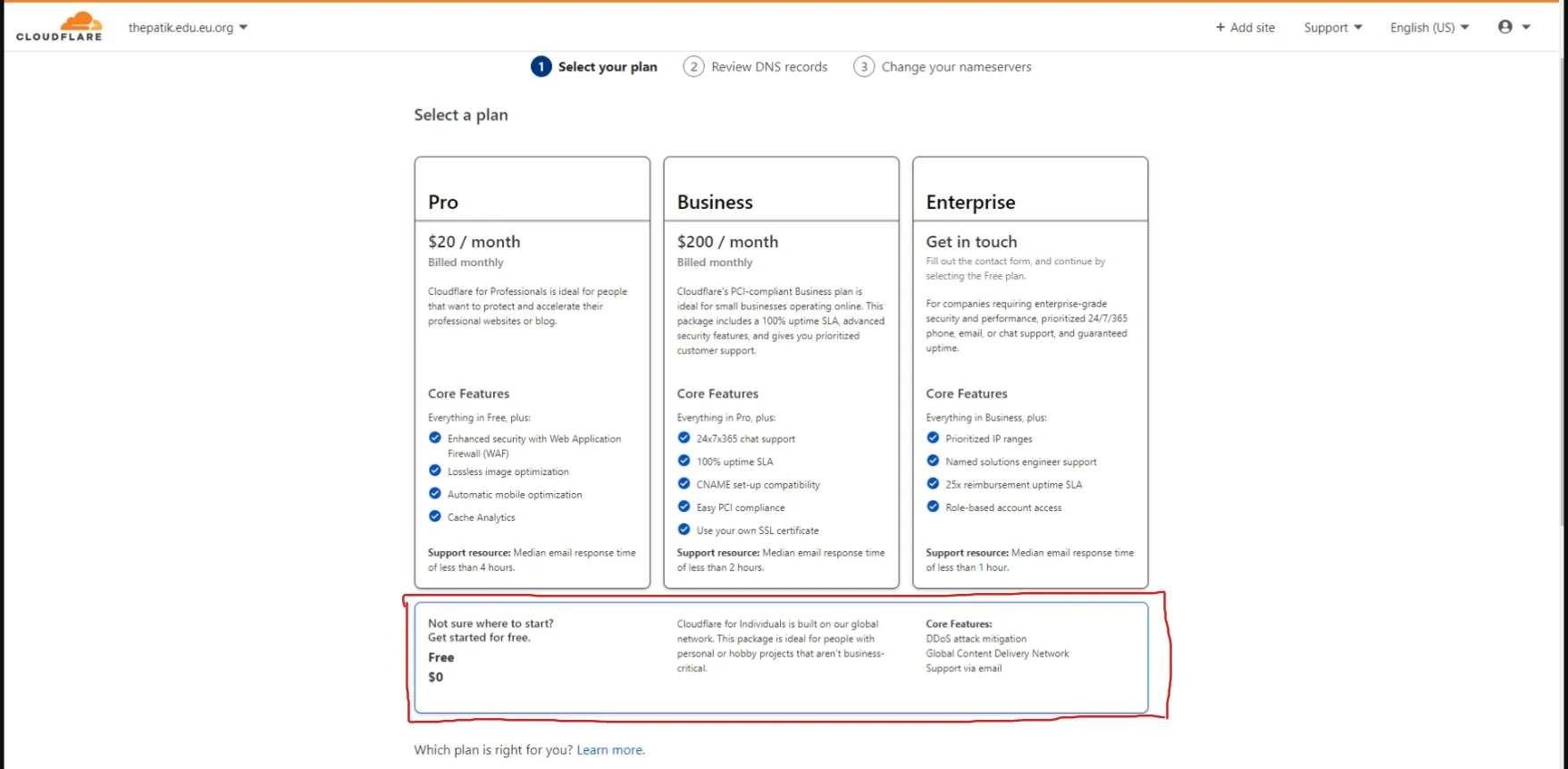 Select package of Cloudflare domain