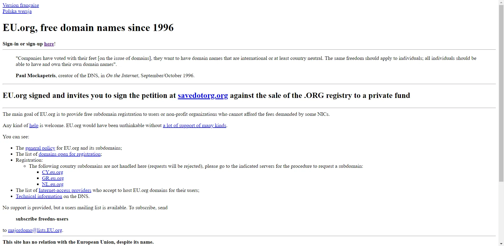 First site of eu.org domain register