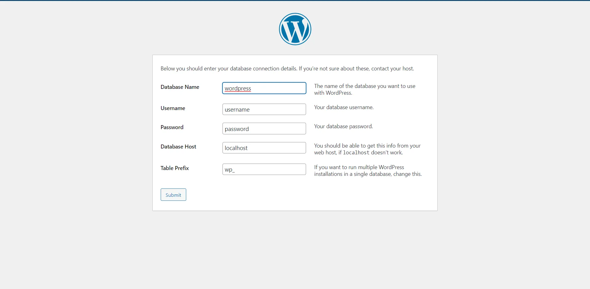 WordPress - input database connection information