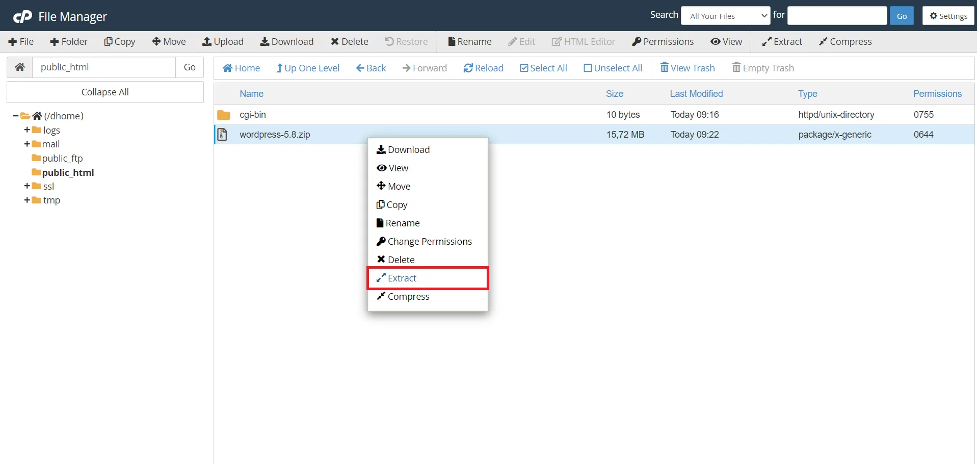 cPanel - extract zip folder